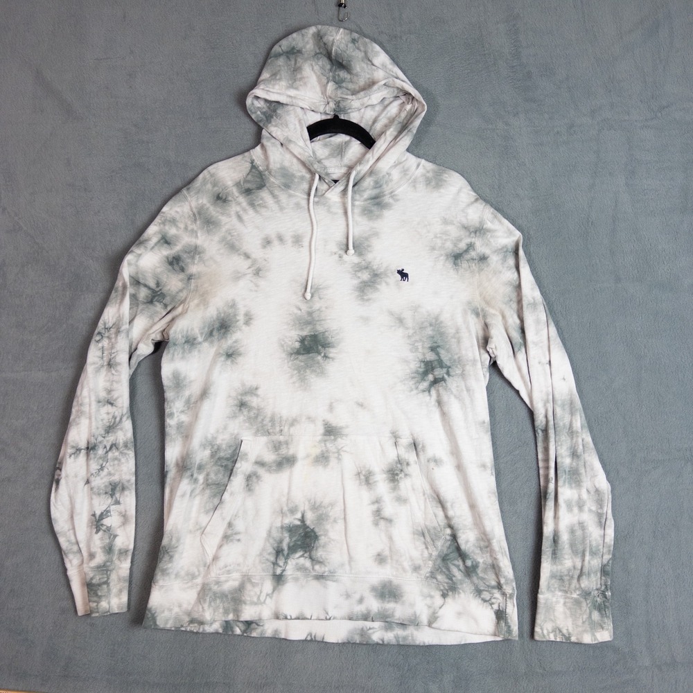 Abercrombie & Fitch Hoodie Mens Large Grey White Tie Dye Slub Cotton Pullover